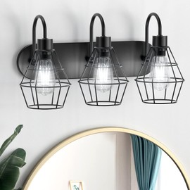 Elibbren Retro Style Industrial Bathroom Vanity Light - 3 Lights, Vintage Matte Black Wall Sconce with Caged, E26 Base Farmhouse Wall Light Fixture