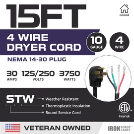 Iron Forge Cable 4 Prong Dryer Cord 15 ft, Black 10/4 NEMA 14-30 Plug 30 Amp Extension Cord 15 Foot for Dryer & EV with Ring Terminals, 125V/250V SRDT