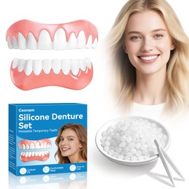 Moldable False Teeth Dentures Set for Women Men – Upper Lower Silicone Denture Kit with 0.7oz Dental Adhesive Beads, Plastic Tweezers, Storage Case, Natural Look Tooth