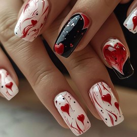 OHWODA Valentine’s Press on Nails Medium Square Fake Nails with Red Hearts Design Glossy Valentine’s Glue on Nails Cute Acrylic False Nails - 24Pcs Red Heart Valentine’s Day Medium Square Nails