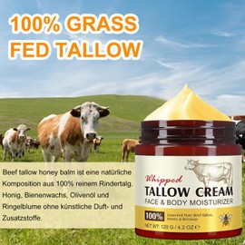 Rindertalg für Haut, Beef Tallow Creme, Bio Beef Tallow Skincare, Gefütterter Rindertalg und Honigbalsam, 100% Grass Fed Tallow für Gesicht und Körper, Rinderhalsbalsam für Feuchtigkeit, 120g