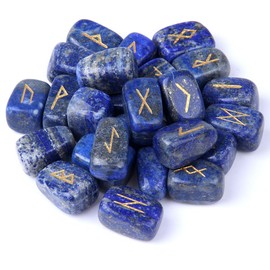 TGS Gems RN001 Lapis Lazuli Rune Stones Set Engraved Pagan Lettering with Instruction Booklet and Velvet Pouch