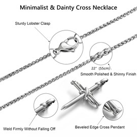 Murtoo Cross Necklace for Men，Stainless Steel Chain with Silver Nail Cross Pendant, Cross Mens Necklace Simple Jewelry Gift Idea for Men Hussband Boyfriend (Silver-Wheat Chain, 20")