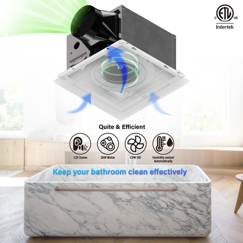 JULLISON Bathroom Exhaust Fan with Humidity Sensor: 100CFM Ventilation Fan