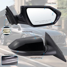Lqito Right Passenger Side Mirror Compatible With 2021 2022 2023 2024 2025 2026 Hyundai Elantra With Manual Folding Power Glass Heated Blind Spot Turn Signal Black Replace#87620AA170(8Pins)
