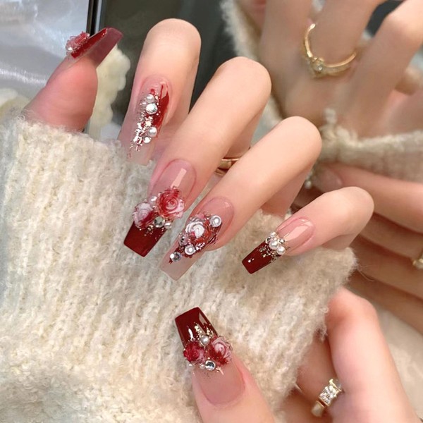 Coffin Press on Nails Medium Fake Nails Red French Acrylic