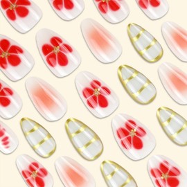 Short Nails Press on Almond Floral Fake Nails Pink Flower Gold Curve Line False Nails with Designs Elegant Acrylic Nails Blush Glossy Glue on Nails for Women Girls 30Pcs