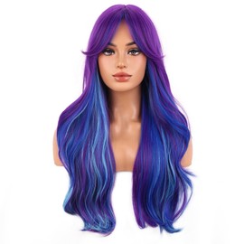 Dark Purple and Blue Wig for Women Girls Long Curly Wave Wig with Bangs Two Tone Wavy Heat Resistant Synthetic Wigs Cosplay Costume Party or Daily Use