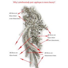 La Belleza 1 Pair Hand-Made Beaded Rhinestons DIY Clothing Appliques Patch,14.5" *4.11" Wedding Dress Decoration,Silver Flower Applique by Pair