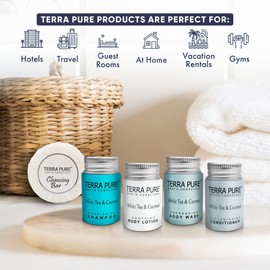Terra Pure White Tea & Coconut Toiletries Set | 1-Shoppe Amenities Kit | 1oz Shampoo & Conditioner, Body Wash, Lotion, 1.25oz Bar Soap | Travel Size | 150 Pieces