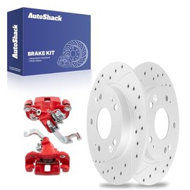 AutoShack Rear Drilled & Slotted Brake Rotors Calipers Red | Replacement for 2006-2015 Honda Civic 2006-2011 Acura CSX 2013-2015 ILX 1.8L 2.0L FWD | Silver Coated | 4-PC Brake Kit | TurboGuard