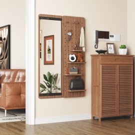 OVS Multifunctional Design Panel Mirror with Shelf and Hooks,Entry Way Mirrors for Wall,Wall Mirror with Storage, Living Roomcolor: Bronze, size: 47.6*15.7 inch