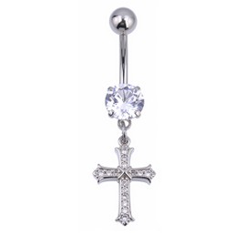 B BodyPJ Sparkles 14G Religious Belly Button Ring with Crystal Cross and Religious Charms, Stainless Steel (Type G,Silver)