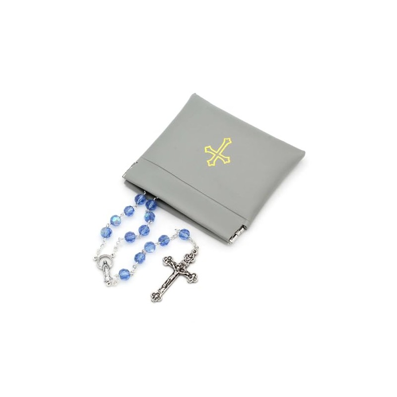 Squeeze Top Rosary Pouch Gray Vinyl with Gold Cross Imprint