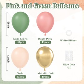 61pcs Pink and Green Balloons, 12 Inch Sage Green Dusty Pink Metallic Gold Nude Balloons with White Ribbon for Jungle Woodland Birthday Safari Baby Shower Party Decorations