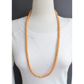 Orange faux pearl necklace 30 long pearly beads 8mm bead long necklace