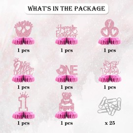 Maicaiffe Miss Onderful Table Honeycomb Centerpieses Decorations - Glitter 8 Pcs 1st Birthday Party Table Toppers Decor - Gender Reveal - Girl Birthday Party Decoration Supplies