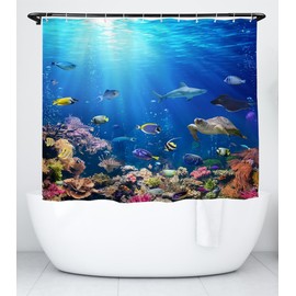 goodbath Short Shower Curtain,Under Ocean Fish Anti Mould Fabric Waterproof Bath Curtains for Bathroom Bathtub, 180 x 150 cm,Bright Blue