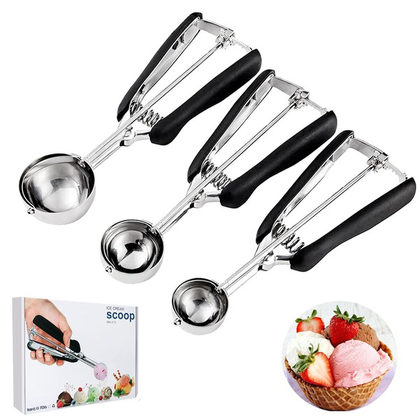 Stainless Steel Ice Cream Spoon, Ice Cream Scoop with Trigger, 3 Pieces Ice Ball Scoop, Comfortable Ice Cream Scoop for Ice Cream, Mashed Potatoes, Meatballs, Fruit, Dough, Scoop with Tongs Handle