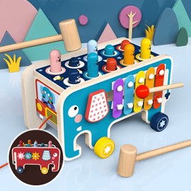 Dear MIA Little Liz | Juguete Didáctico Educativo Estimulación Temprana Carrito de Elefante con Martillo de Madera & Xilófono | Entrenar Motricidad Fina | Coordinación Ojo-Mano | Instrumento Musical