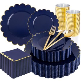 LIYH 210pcs Blue Plastic Dinnerware Set Navy Blue Plastic Scalloped Plates Heavyweight Plastic Dark Blue Disposable Plates Bridal Shower Plates Gold Silverware Napkins Cups for Birthday Wedding