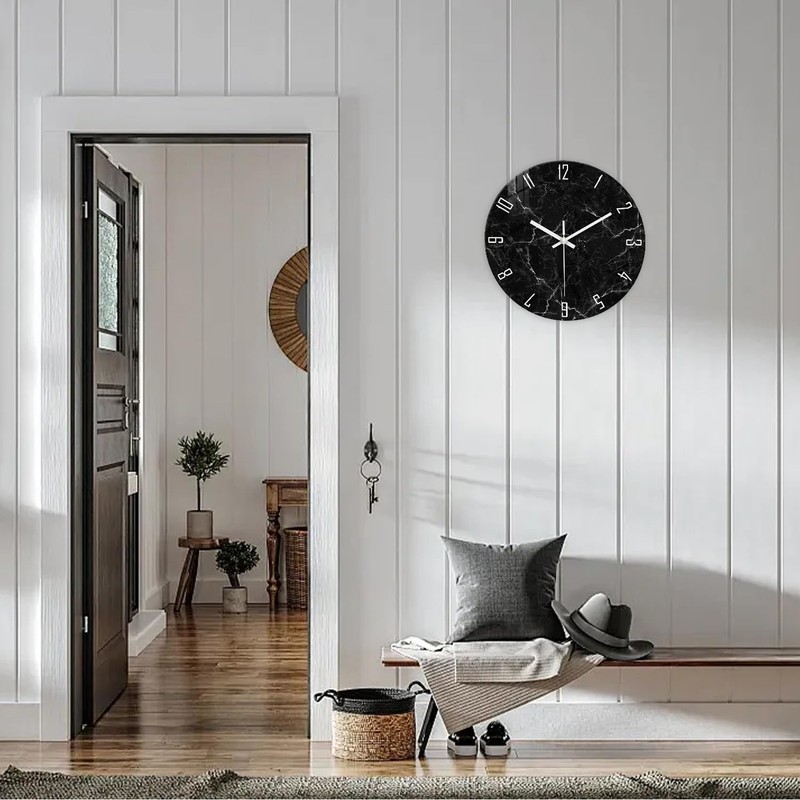 Modern Black Minimalist Wall Clock for Living Room - Glass