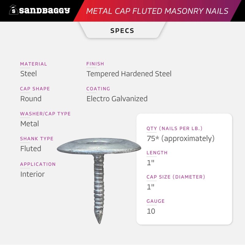 Sandbaggy 1" Metal Cap Fluted Masonry Nails - Galvanized (appx.
