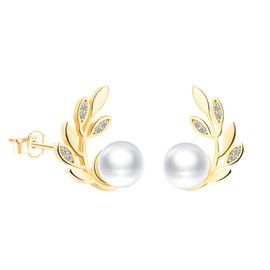 MICMIF Stud Earrings Silver 925 Leaf Women's Earrings Olive Leaf with Pearl & Zirconia Branches Earrings Hypoallergenic for Women and Girls, Sterling Silver Pearl Cubic Zirconia, Pearl