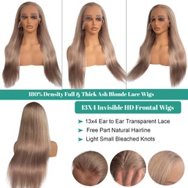 Munx Ash Blonde Lace Front Wigs Human Hair Straight 13X6 Deep Part Human Hair Wigs HD Ultra Thin Lace Front Wig Breathable Hair Pre Plucked Natural Hairline Lace Wigs 180% Density 22”