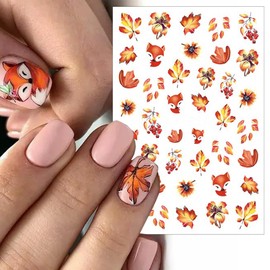 Fall Maple Leaf Nail Art Stickers 5 Sheets Thanksgiving Nail Stickers for Nail Art Cute Fox Pine Cone Mushroom Maple Leaves Pumpkin Nail Decals 3D Self-Adhesive Autumn Nail Decoration for Women Girls