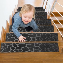 Stair Treads Non Slip Steps - Wooden Stair Runner Indoor - Reusable and Stick Carpet Covers - Rubber Rug Strips - 15 Pack 30''X8'' Anti Slip Mats - Suitable for Dogs, Kids & Elders - Stone Black