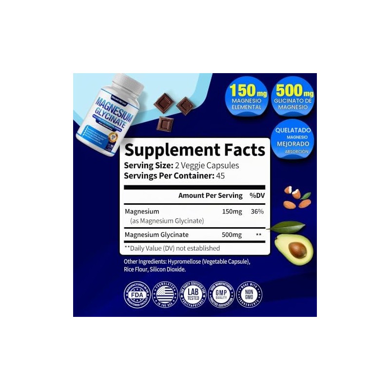 DECENT NATURE- Glicinato de Magnesio 525mg Suplemento Elemental de Magnesio