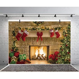 Xiaoterna 8x6ft Merry Christmas Backdrop for Photography Fireplace Fire Backdrop Trees Xmas Fireplace Red Bow Stocking Background Winter Christmas Holiday Home Party Photo Studio Prop