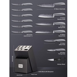 Knife Block Set, FOHERE Knife Set with Advanced Self Sharpening Technology, 14 Pieces Waved Texture Kitchen Knife Set, Stainless Steel Knife Set with Block, Sharp Knives with Non-slip Ergonomic Handle