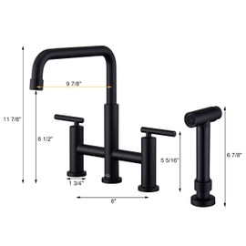 Clihome Matte Black Kitchen Faucet Bridge with Side Sprayer, 2 Handles Faucet for Kitchen 4 Hole Kitchen Sink Faucet with Pull Down Sprayhead