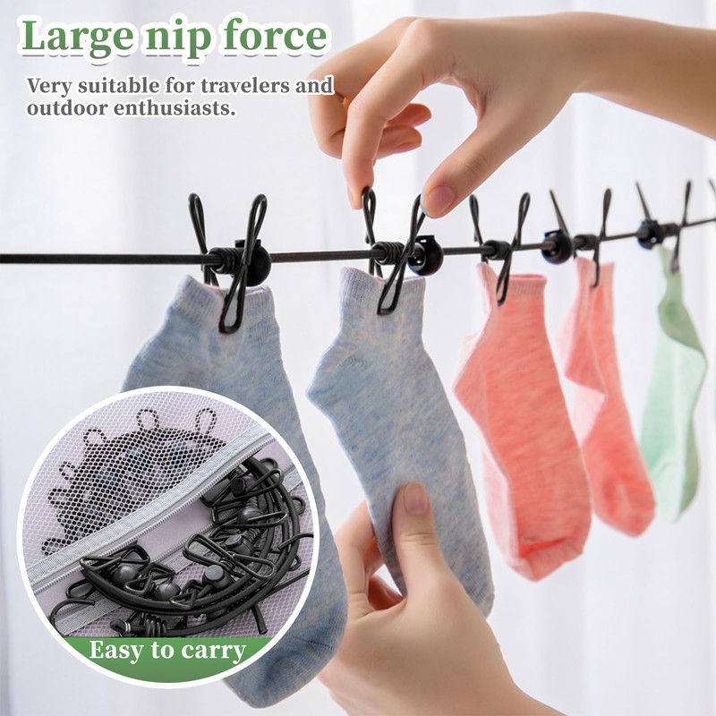 BODFPPC Travel Washing Line with 12 Clips, Portable Windproof Retractable