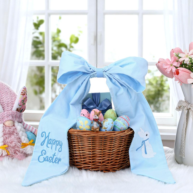 Maysing Embroidery Easter Basket Bow Happy Easter Bunny Bow 11.8