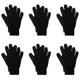 BANDIDOS Pack 6 Pairs Black Winter Warm Mens Boys Girls Women Warm Stretch Full Finger One Size Magic Gloves