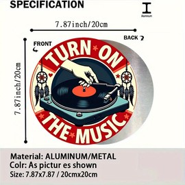 1pc Vintage Turn On The Music Vinyl Record Tin Sign, Retro Style Aluminum Wall Art, Rustic Metal Decor Plaque, 8x8", with No Electricity Needed, Cafe - Multipurpose Wall Hanging