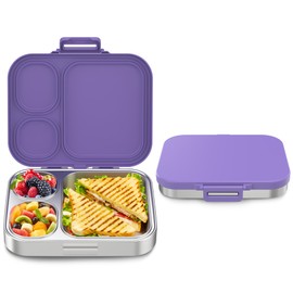 Howeemo Stainless Steel Bento Box Kids, Leak Proof Metal Bento Lunch Box,3 Compartments 304 Stainless Steel Bento Lunch Containers for School and Office,Dishwasher Safe, BPA-Free(Purple)
