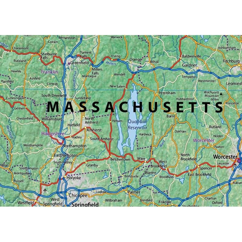 Physical State Map of Massachusetts - 23.3 x 16.5 Inches
