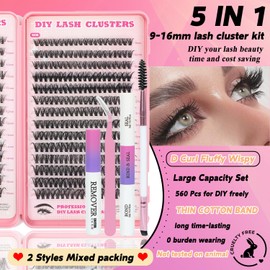 Lash Clusters Kit, 560 Pcs Eyelashes Clusters Kit 9-16mm Individual Lash Extension Kit D Curl Fluffy Wispy False Eyelashes (30D+40D, Lash Clusters Kit)