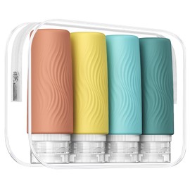 kuangre Travel Bottles for Toiletries, Tsa Approved 3oz Portable Travel Bottles, BPA Free Leak Proof Squeezable Silicone Travel Size Containers, Travel Accessories with Clear Toiletry Bag (4 Pack)