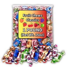 Soft Chewy Fruity Chews Candy – 1 Pound Bulk Bag – Individually Wrapped Assorted Fruit Candy – 6 Flavors: Peach, Strawberry, Cherry, Grape, Green Apple, Blue Raspberry – Soft Taffy Candy for Parties, Offices, Candy Bowls