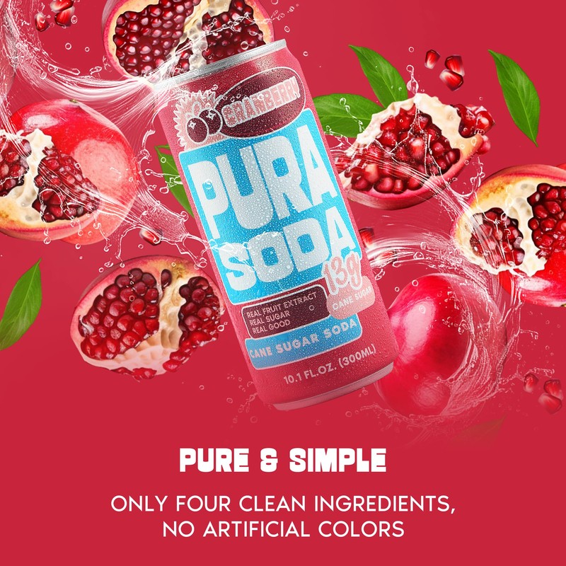 PuraSoda® Cranberry | Low-Calorie, Cane Sugar Soda Beverage | Non-GMO,