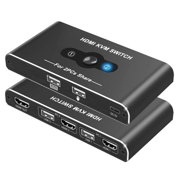 KVM Switch, Movcle KVM, USB Switcher, 2 PCs, Keyboard / Mouse / Display Sharing Switcher, 4K @ 60 Hz Video Output, Easy Connection Just Plug In Port, LED Light, HDMI Switcher, PC Switcher, Keyboard