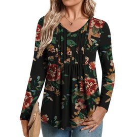 Findsweet Womens Long Sleeve Tunic Tops Casual V Neck Blouse Dressy Loose Shirts Medium Fl Brown Black