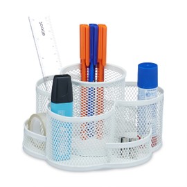 Relaxdays Rotating Pen Holder 7 Compartments Metal 10.5 x 16 x 17 cm Round Pen Storage Desk White