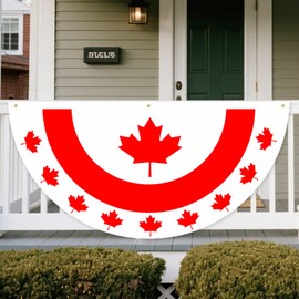 6 x 3 FT Flat Canada Flag Bunting – No-Pleat Half Circle Maple Leaf Banner with Grommets, Red White Patriotic Fan Flag for Outdoor Porch, Fence, Wall, Window, July 1st Canada Day Decorations