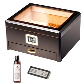 Woodronic Cigar Humidor with Accessory Drawer for 50 Cigars, Humidifier & Humidor Solution, Digital Hygrometer, Spanish Cedar Liner & Divider, Cigar Box for Men